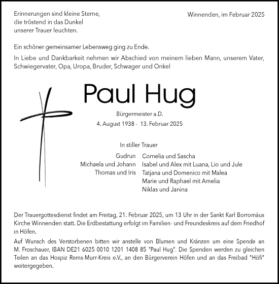 Traueranzeige von Paul Hug von Waiblinger Kreiszeitung