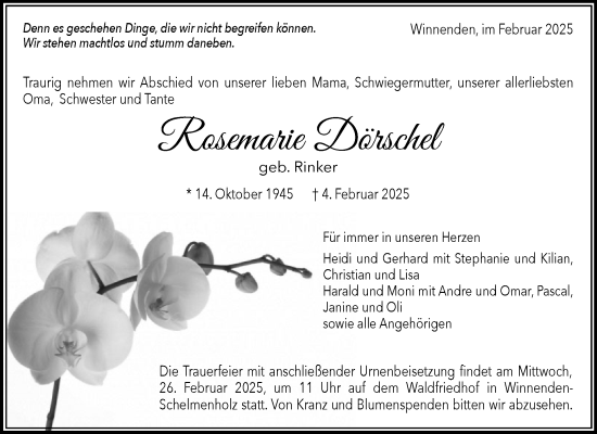 Traueranzeige von Rosemarie Dörschel von Waiblinger Kreiszeitung