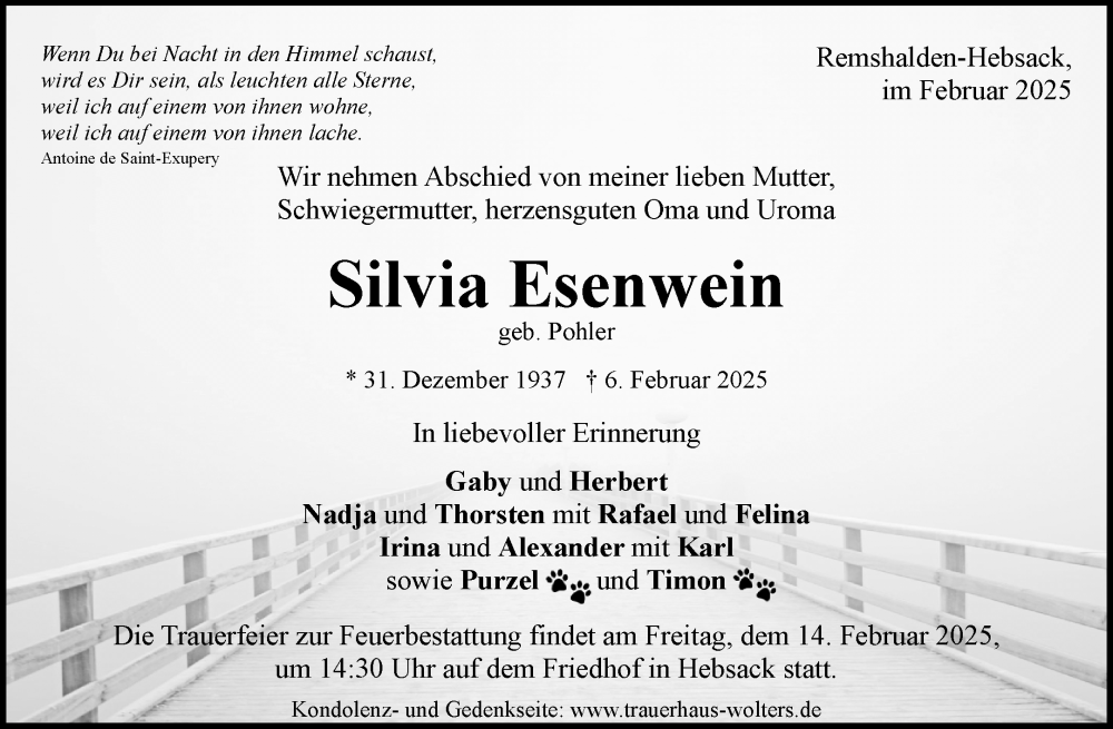  Traueranzeige für Silvia Esenwein vom 12.02.2025 aus Waiblinger Kreiszeitung