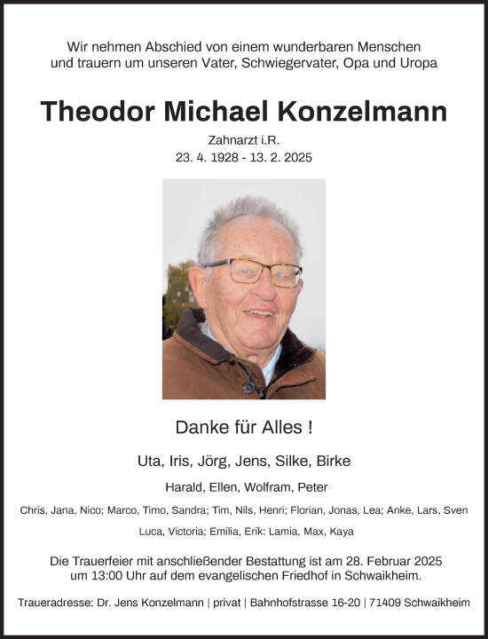 Traueranzeige von Theodor Michael Konzelmann von Waiblinger Kreiszeitung