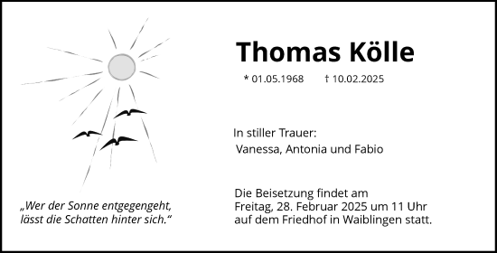 Traueranzeige von Thomas Kölle von Waiblinger Kreiszeitung