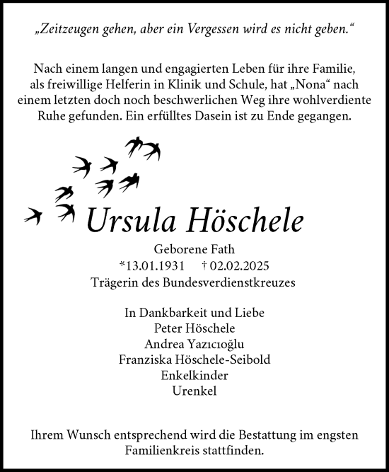 Traueranzeige von Ursula Höschele von Waiblinger Kreiszeitung