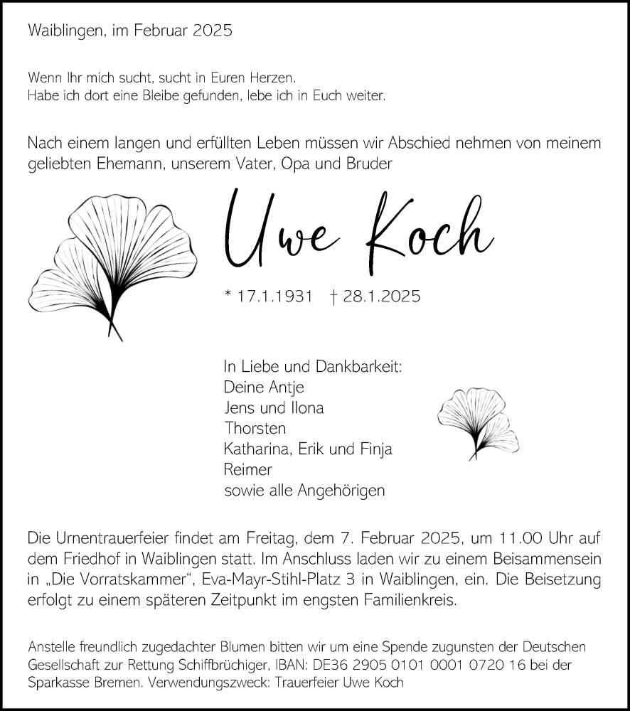  Traueranzeige für Uwe Koch vom 01.02.2025 aus Waiblinger Kreiszeitung