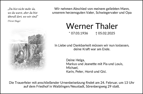 Traueranzeige von Werner Thaler von Waiblinger Kreiszeitung