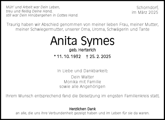 Traueranzeige von Anita Symes von Waiblinger Kreiszeitung