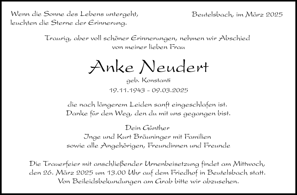  Traueranzeige für Anke Neudert vom 22.03.2025 aus Waiblinger Kreiszeitung