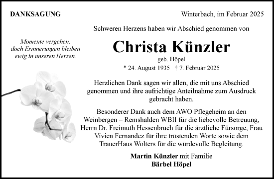 Traueranzeige von Christa Künzler von Waiblinger Kreiszeitung