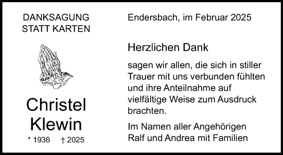 Traueranzeige von Christel Klewin von Waiblinger Kreiszeitung