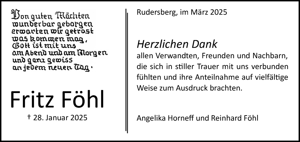  Traueranzeige für Fritz Föhl vom 01.03.2025 aus Waiblinger Kreiszeitung