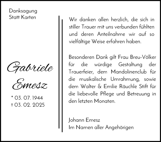 Traueranzeige von Gabriele Emesz von Waiblinger Kreiszeitung