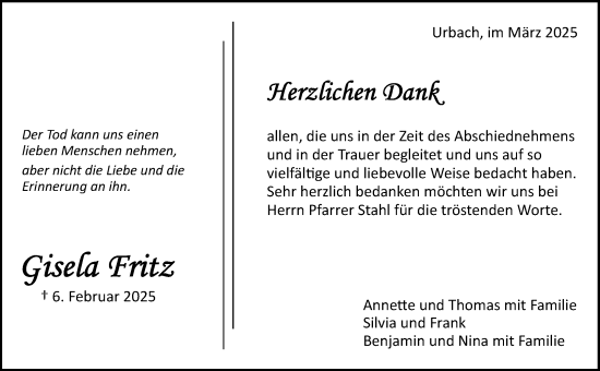 Traueranzeige von Gisela Fritz von Waiblinger Kreiszeitung