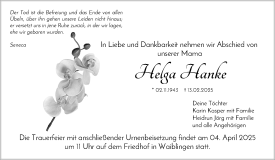 Traueranzeige von Helga Hanke von Waiblinger Kreiszeitung