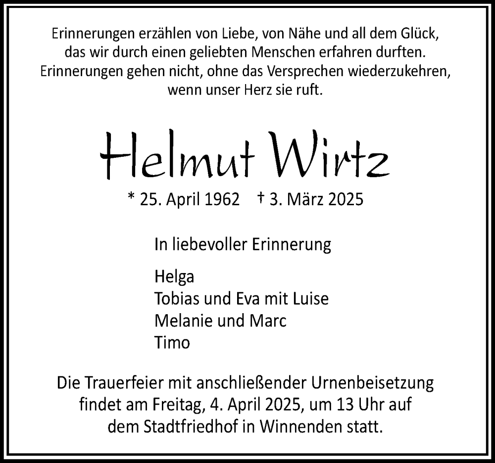  Traueranzeige für Helmut Wirtz vom 13.03.2025 aus Waiblinger Kreiszeitung