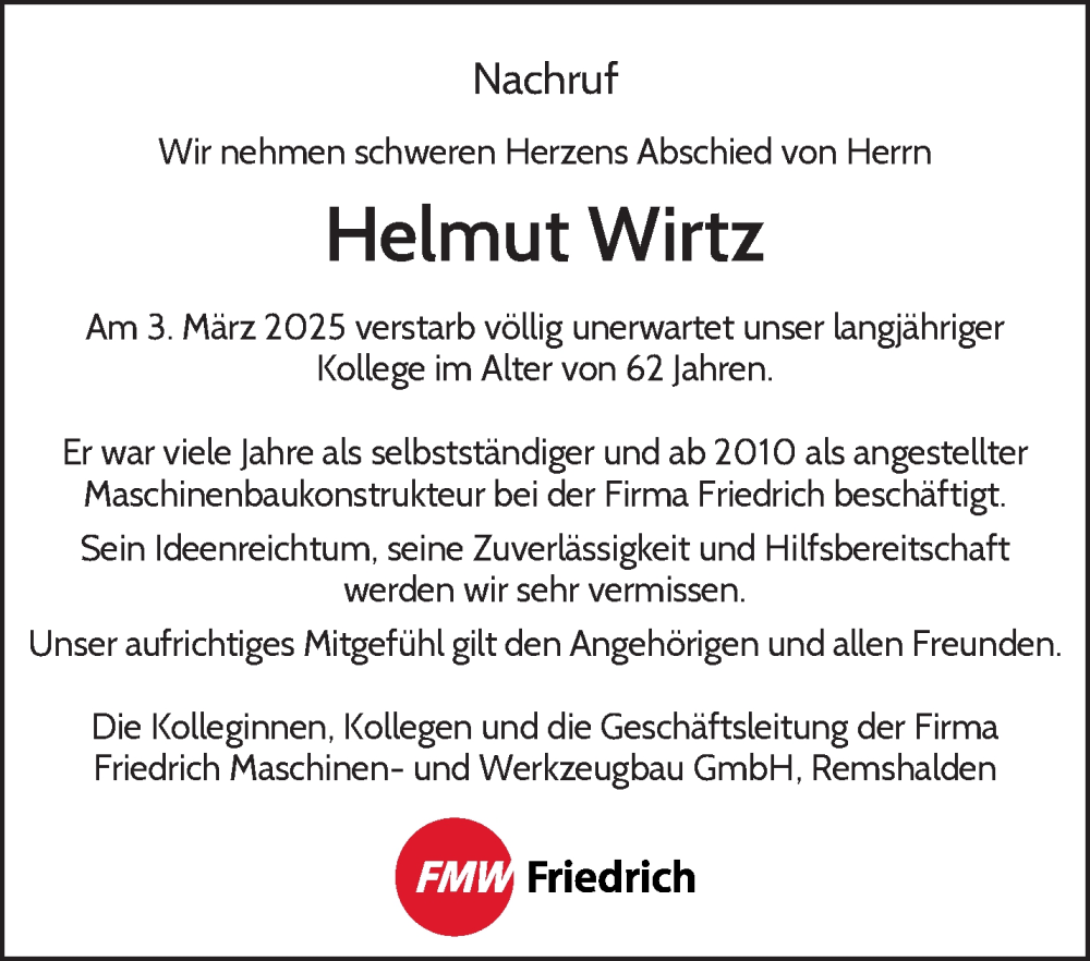  Traueranzeige für Helmut Wirtz vom 13.03.2025 aus Waiblinger Kreiszeitung
