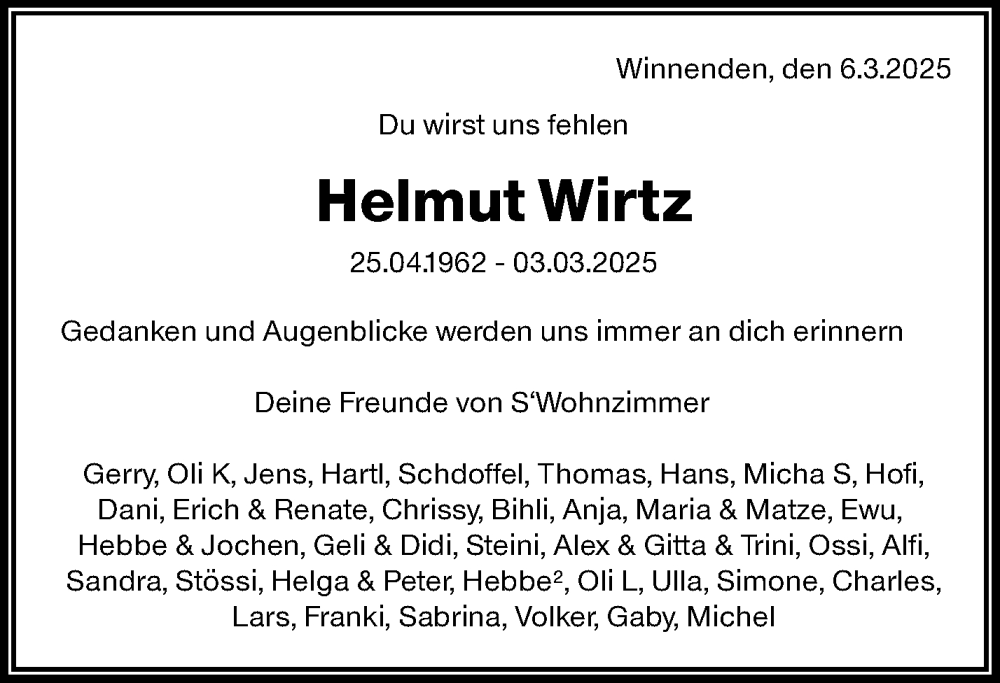 Traueranzeige für Helmut Wirtz vom 11.03.2025 aus Waiblinger Kreiszeitung