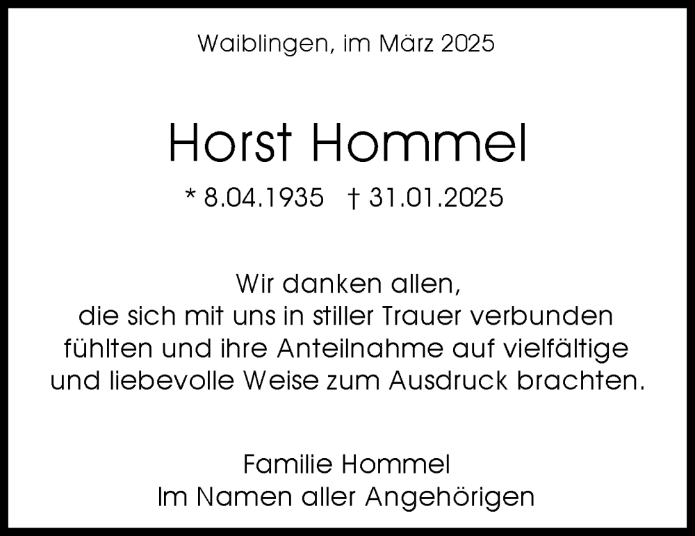 Traueranzeige für Horst Hommel vom 03.03.2025 aus Waiblinger Kreiszeitung