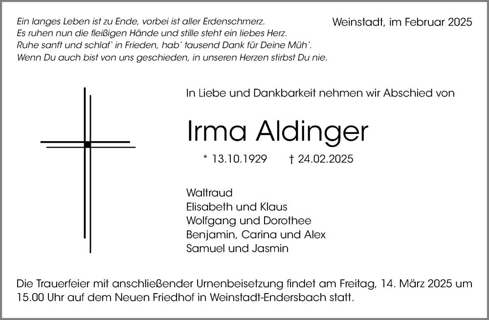  Traueranzeige für Irma Aldinger vom 08.03.2025 aus Waiblinger Kreiszeitung