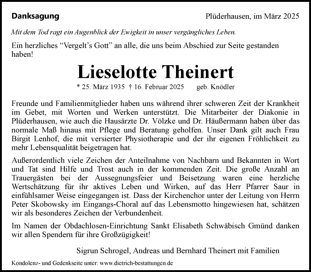  Traueranzeige für Lieselotte Theinert vom 21.03.2025 aus Waiblinger Kreiszeitung