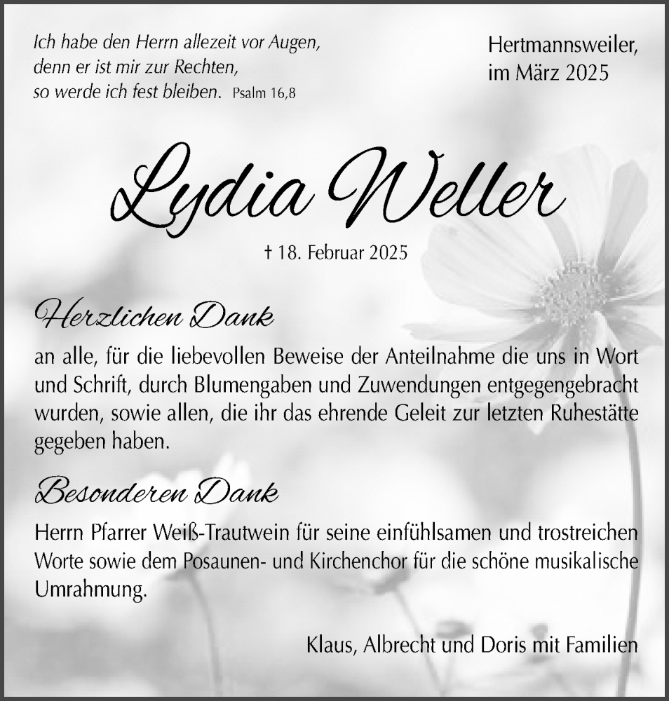  Traueranzeige für Lydia Weller vom 17.03.2025 aus Waiblinger Kreiszeitung