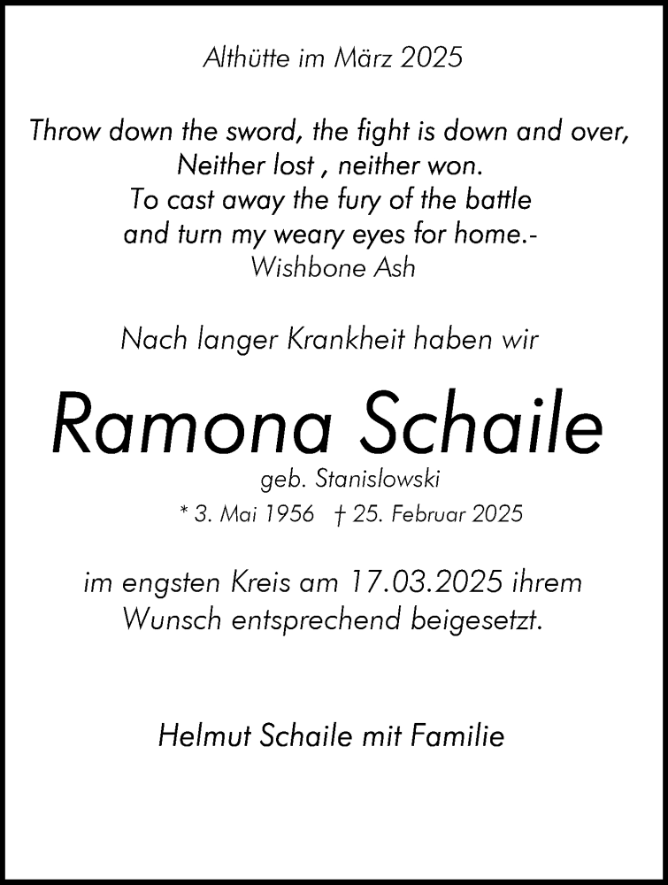  Traueranzeige für Ramona Schaile vom 19.03.2025 aus Waiblinger Kreiszeitung