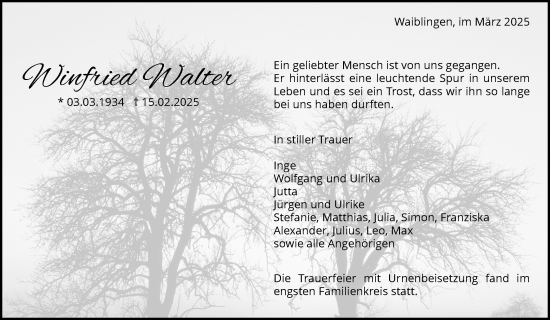 Traueranzeige von Winfried Walter von Waiblinger Kreiszeitung