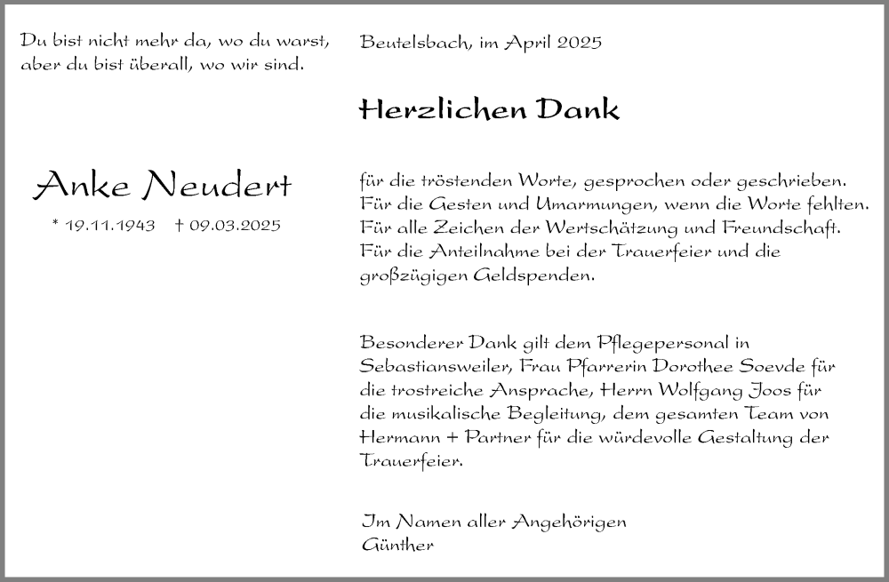  Traueranzeige für Anke Neudert vom 19.04.2025 aus Waiblinger Kreiszeitung