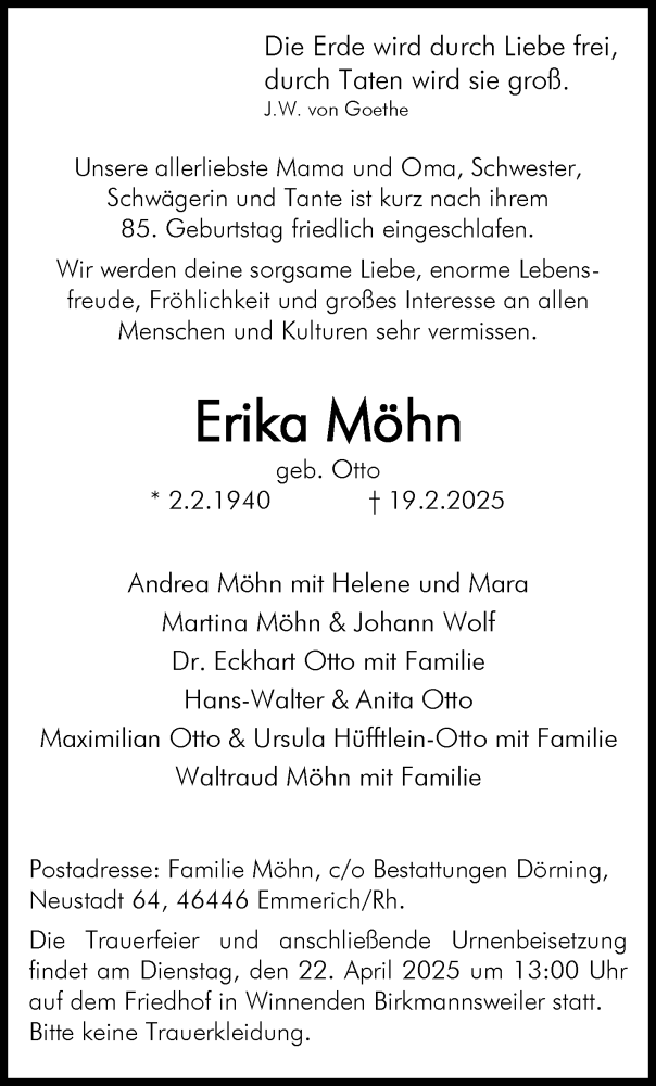  Traueranzeige für Erika Möhn vom 19.04.2025 aus Waiblinger Kreiszeitung