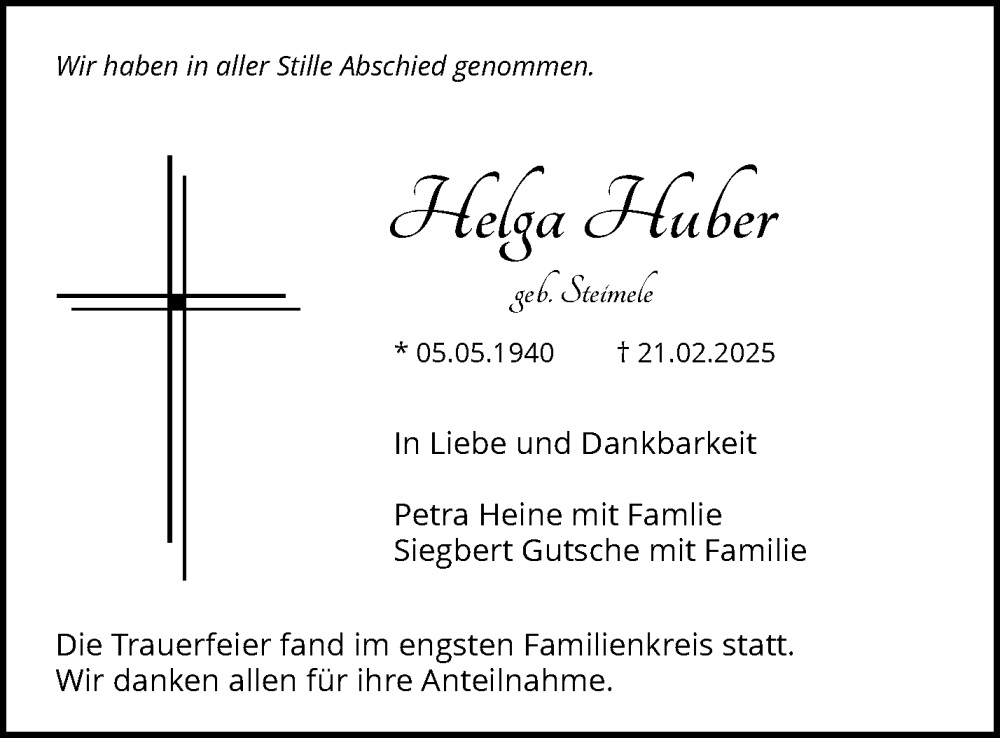  Traueranzeige für Helga Huber vom 11.04.2025 aus Waiblinger Kreiszeitung