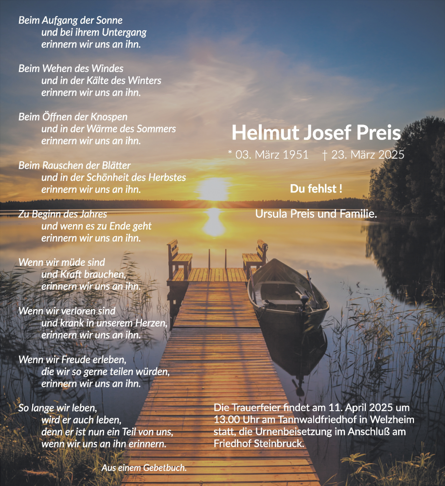  Traueranzeige für Helmut Josef Preis vom 02.04.2025 aus Waiblinger Kreiszeitung