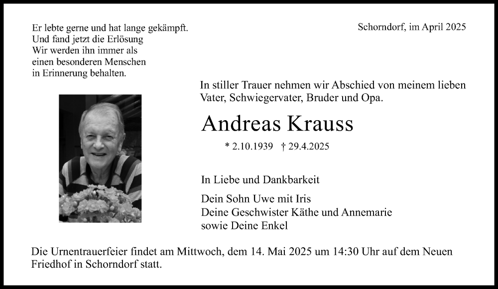  Traueranzeige für Andreas Krauss vom 10.05.2025 aus Waiblinger Kreiszeitung