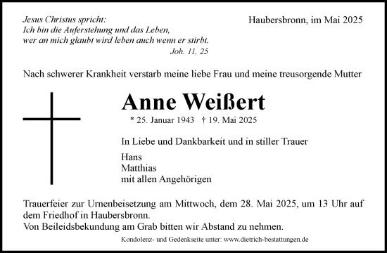 Traueranzeige von Anne Weißert von Waiblinger Kreiszeitung
