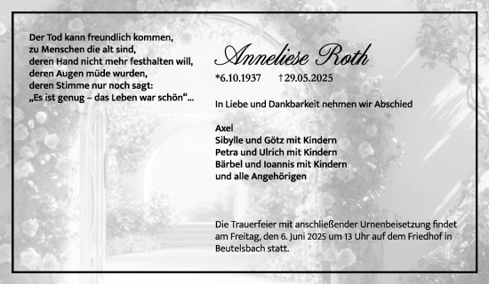 Traueranzeige von Anneliese Roth von Waiblinger Kreiszeitung