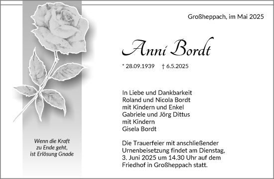 Traueranzeige von Anni Bordt von Waiblinger Kreiszeitung