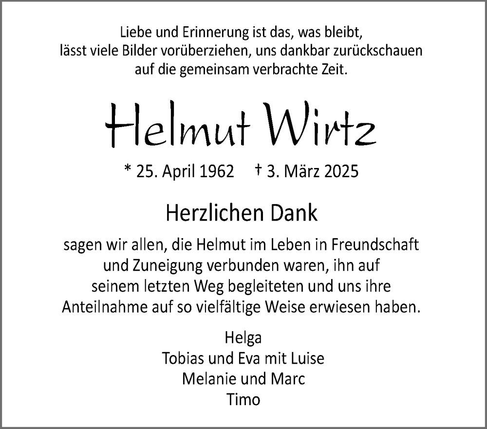  Traueranzeige für Helmut Wirtz vom 03.05.2025 aus Waiblinger Kreiszeitung