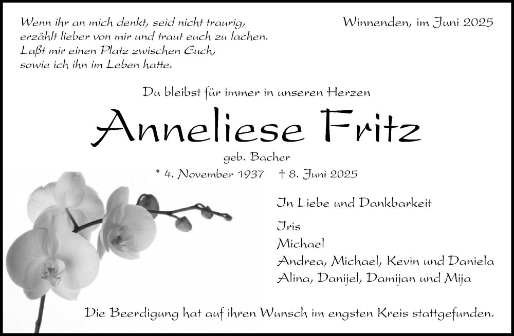  Traueranzeige für Anneliese Fritz vom 20.06.2025 aus Waiblinger Kreiszeitung