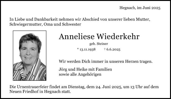 Traueranzeige von Anneliese Wiederkehr von Waiblinger Kreiszeitung