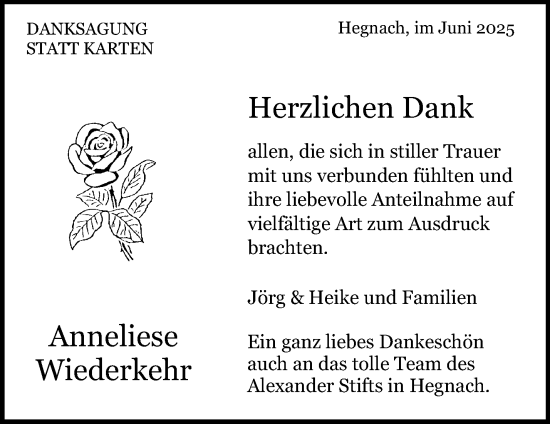 Traueranzeige von Anneliese Wiederkehr von Waiblinger Kreiszeitung