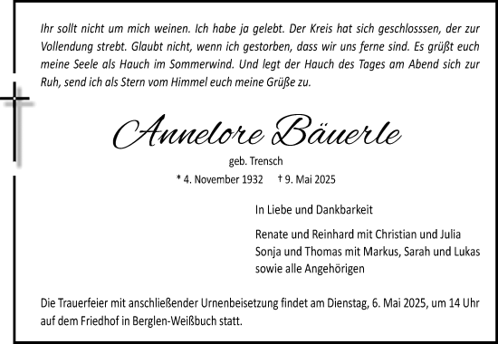 Traueranzeige von Annelore Bäuerle von Waiblinger Kreiszeitung