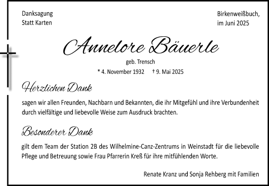 Traueranzeige von Annelore Bäuerle von Waiblinger Kreiszeitung