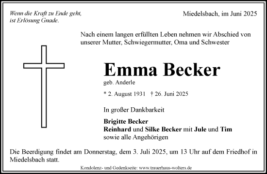 Traueranzeige von Emma Becker von Waiblinger Kreiszeitung