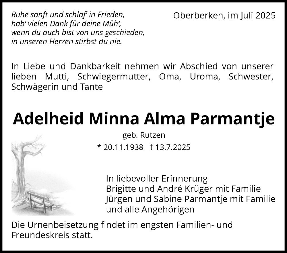  Traueranzeige für Adelheid Minna Alma Parmantje vom 19.07.2025 aus Waiblinger Kreiszeitung