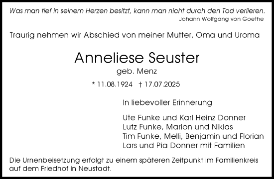 Traueranzeige von Anneliese Seuster von Waiblinger Kreiszeitung