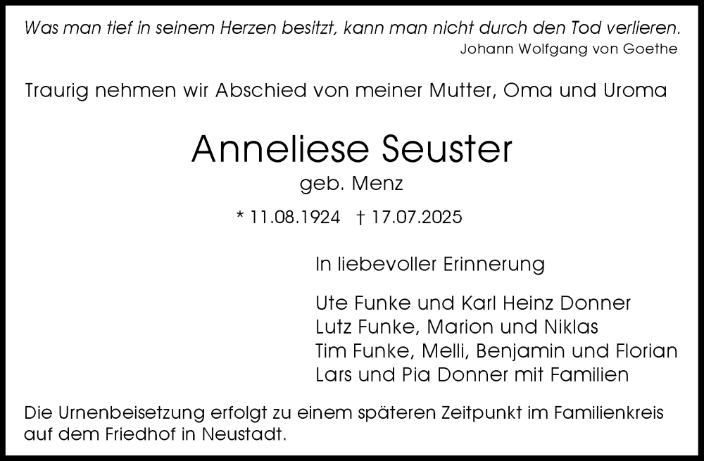  Traueranzeige für Anneliese Seuster vom 26.07.2025 aus Waiblinger Kreiszeitung