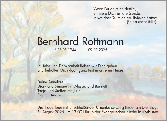 Traueranzeige von Bernhard Rottmann von Waiblinger Kreiszeitung