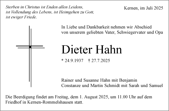 Traueranzeige von Dieter Hahn von Waiblinger Kreiszeitung
