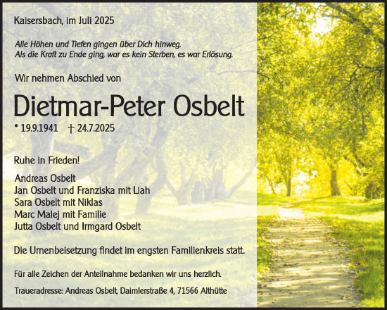 Traueranzeige von Dietmar-Peter Osbelt von Waiblinger Kreiszeitung