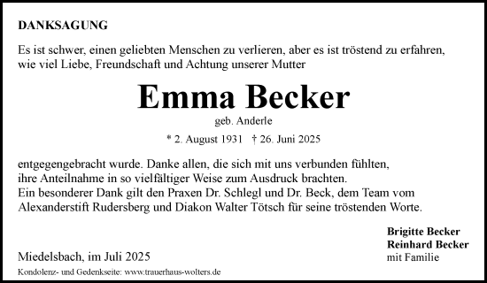 Traueranzeige von Emma Becker von Waiblinger Kreiszeitung