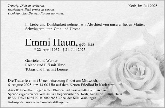 Traueranzeige von Emmi Haun von Waiblinger Kreiszeitung