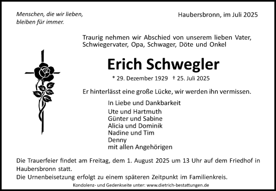 Traueranzeige von Erich Schwegler von Waiblinger Kreiszeitung