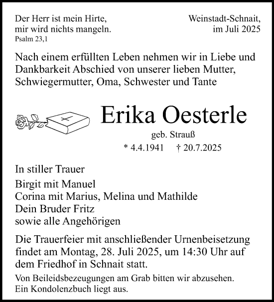 Traueranzeige von Erika Oesterle von Waiblinger Kreiszeitung
